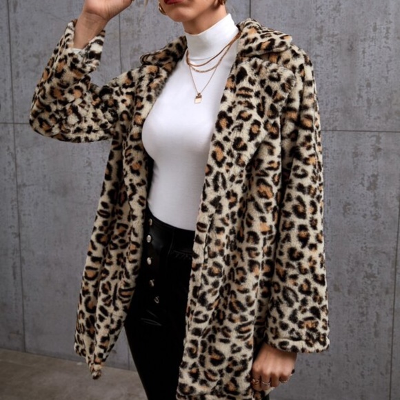 Cream Leopard Print Teddy Open Front Jacket Coat - Picture 3 of 5